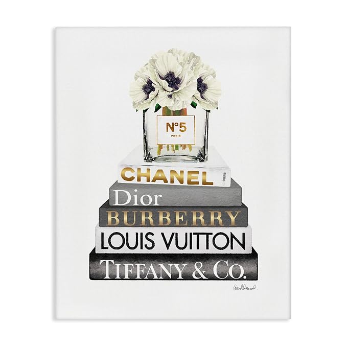 Stupell Industries Blooming White Floral Display on Glam Designer Bookstack Wall Art, 24 x 30, Gallery Wrapped Canvas | Stupell Industries | 24 x 30 Inches, Easy to Hang and Sturdy, Made in USA, by Amanda Greenwood