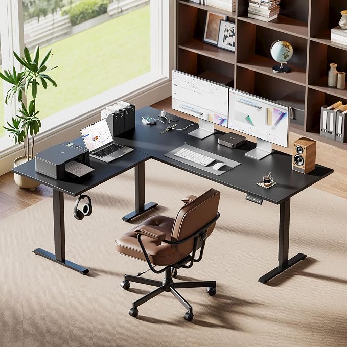 Agilestic 63 x 48 Inch L Shaped Standing Desk with Powerstrip, Black | Outlets, Cable Management, Corner Desk, Ample Workspace, Memory Presets, Hooks, Stable Steel Frame,176 lbs, Splice Board