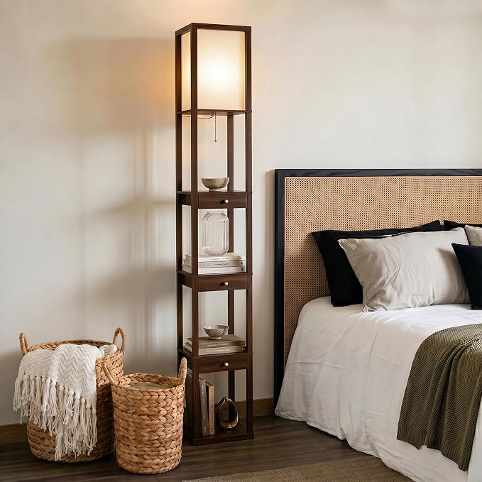 Brightech Maxwell Drawer Edition - Modern Shelf Floor Lamp with Drawer - Corner Display Floor Lamps with Shelves for Living Room, Bedroom and Office - Havana Brown