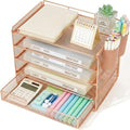 LEKETREE Desk Organizer and Accessories, 5-Tier Paper Letter Tray Organizer with Drawer & 2 Pen Holders for Desktop File Organization, Office Desk Accessories for Supplies Storage (Rose Gold)