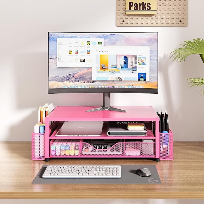 Desk Organizers and Accessories, Computer Monitor Stand Riser with Drawer and 2 Pen Holders, Printer & Laptop Stand, Office Desk Accessories & Workspace Organizers for Home Office Supplies, Carmine Rose