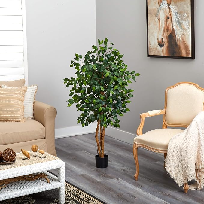 Nearly Natural 4 ft Artificial Triple Trunk Ficus Tree with Pot | Natural Wood Trunks, Silk Tree with Dense Foliage, Mid-Size Faux Floor Plant, Home and Office Decor