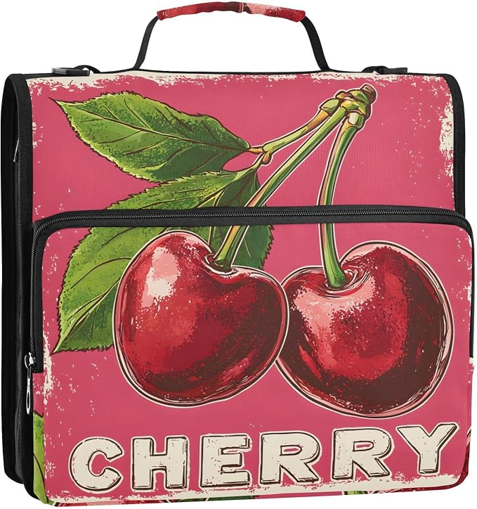 Red Cherry Print 3 Ring Binder Bag 1.5 inch Binder Organizer with Zipper Shoulder Strap 500 Sheet Documents Storage for School Office