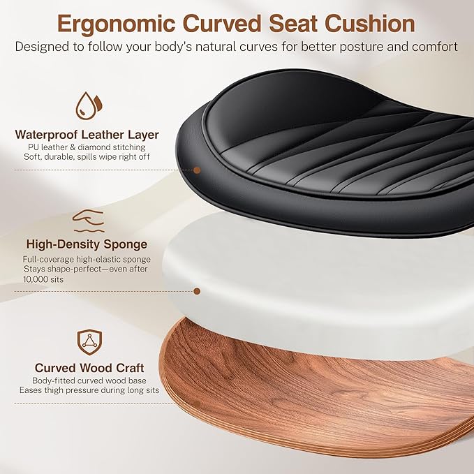 Ergonomic Armless Office Desk Chair - Mid-Century Modern Black Faux Leather with Diamond Stitch, Adjustable Height Swivel Rolling Task Computer Chair with Walnut Accent for Home Office, Study & Work
