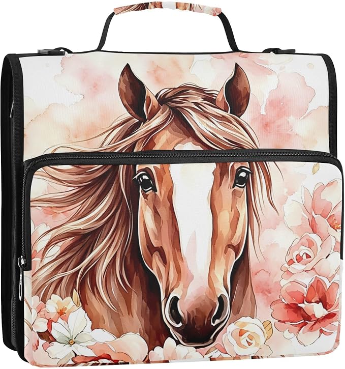 Brown Horse Watercolor Flower 3 Ring Binder Bag 1.5 inch Binder Organizer with Zipper Shoulder Strap 500 Sheet Documents Storage for School Office