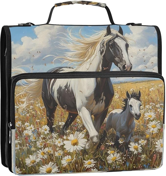 ALAZA Zipper Binder 3 Ring Horse in The Daisy Flower Field Binder Organizer with Zipper and Shoulder Strap Large Capacity Multi-Pocket Trapper Keeper File Folder for Office Supplies