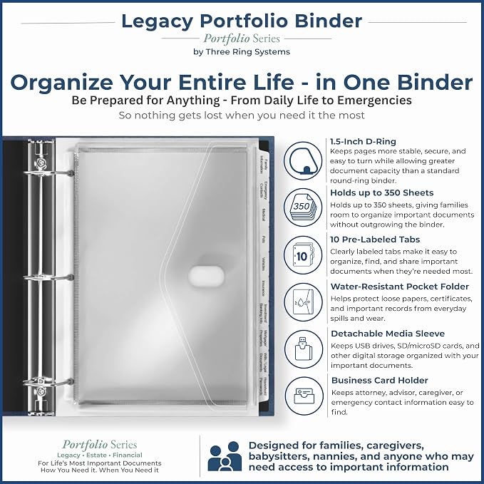 TRS Legacy Planning Portfolio | Important Documents Organizer Binder Kit, Family Emergency Organizer for Medical, Insurance, Passwords & Pets, 1.5" D-Ring with Pre-Labeled Tabs | Charcoal Gray Linen