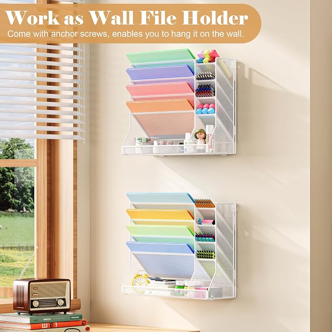 Jakyitvi Adjustable 5 Tiers Wall File Organizer Metal Hanging Holder White | 5 tiers desk paper organizer, folder holder wall mount, mail organizer for home office, hanging document tray