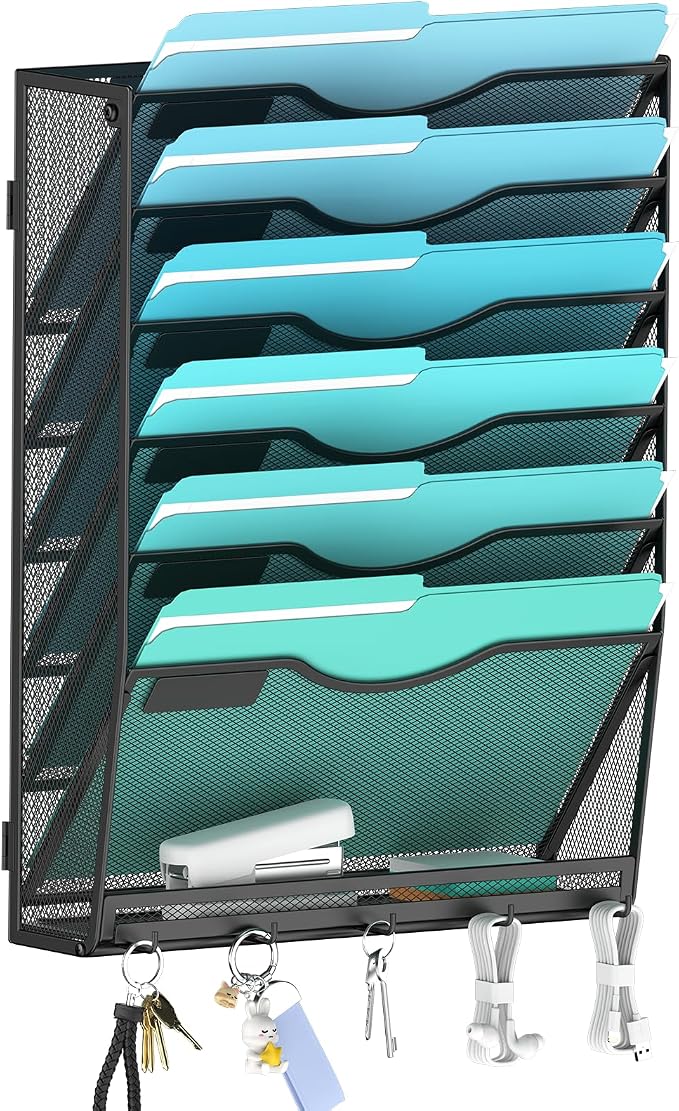 Gawerk 7-Tier Wall File Organizer Hanging Wall File Holder Wall Mount Paper Folder Organize, Mesh Magazine Document Mail Organizer for Office School Home, Black