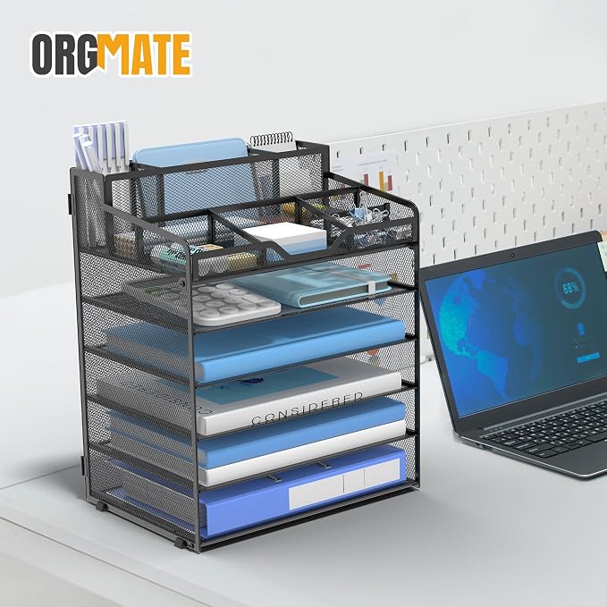 6 Tier Mesh Paper Desk Organizer with Pen Holders, Black | Features 3 pen holders, and 5 adjustable compartments for office school home desk storage