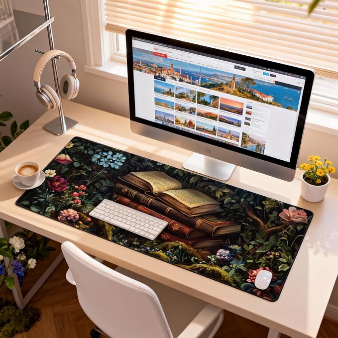 Floral Aesthetic Book Gaming Mouse Pad, Forest Green Moody Forest Desk Mat with Anti-Slip Base & Stitched Edges,35.4" x 15.7" in Desk Accessories for Women, Home Office Decor & Artistic Gift