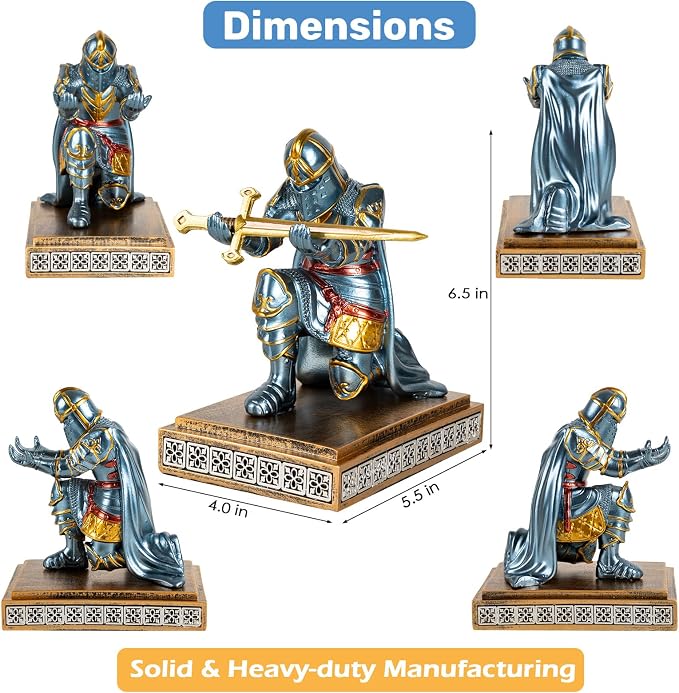 Medieval Knight Pen Holder with Sword, Kneeling King's Guard Warrior Pencil Stand Office Accessories Cool Fancy Desk Decor Gift for Men Dad Husband Boss Boyfriend Him- Leader Cloak Style