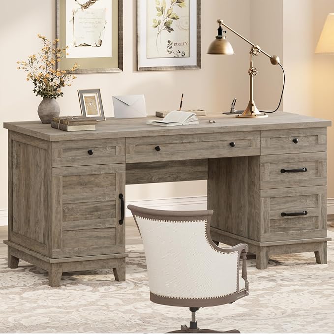 IDEALHOUSE Farmhouse Executive Desk 60 Inch, Wooden Home Office Desk with Adjustable Storage Cabinet, Built-in Charging Port, File Cabinet for Writing & Study, Elegant Workstation, Retro Gray