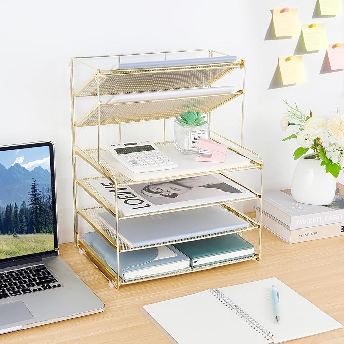 Desk Organizer, 6-Tier Paper Organizer Letter Tray, Gold | Desk Organizers and Accessories, Office Desk Accessories & Workspace Organizers, Desktop File Organizer for Office Supplies