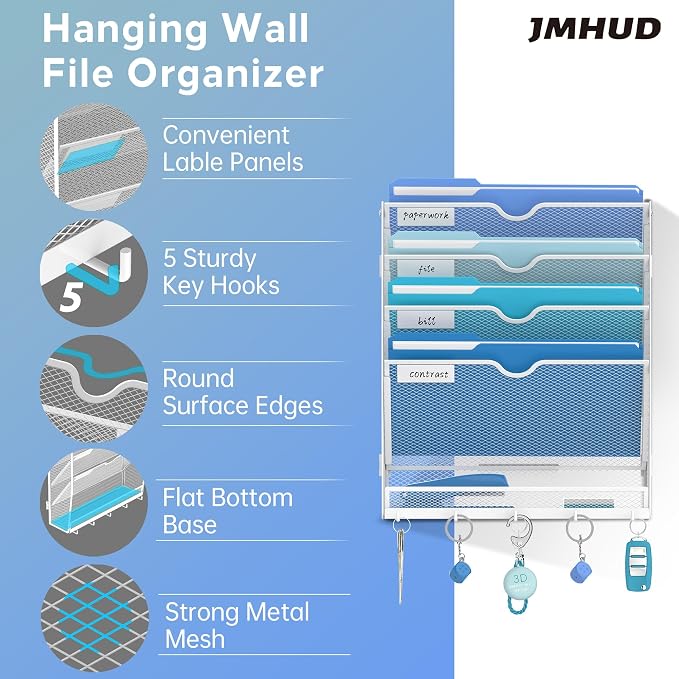 5-Tier Wall File Organizer and Mail Organizer with 5 Hooks, White | Label slots, curved openings, 5 key hooks, and a bottom tray support organized mail, file, and everyday item storage.