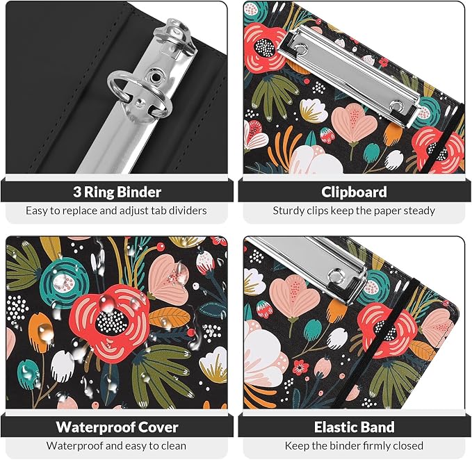 SKYDUE 1 Inch 3-Ring Binder with Clipboard, PU Binder with 5 Dividers, Notepad, Stickers & Pockets for Work and School - Aesthetic Binder (Letter Size)