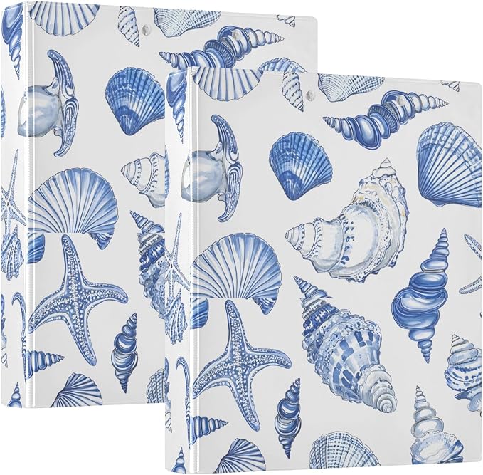Blue Seashells Ocean Nautical Coastal 3 Ring Binder with 2 Interior Pockets 1.5 inch Binders 3 Ring Heavy Duty Fit 8.5" x 11" Letter Size for Office School, 2 Pack
