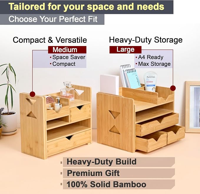 Pandorama Bamboo Desk Organizer Medium - Drawers & Adjustable File Holder, Fully Assembled Wood Desktop Storage for Kitchen, Bedroom, Bathroom, Study Room
