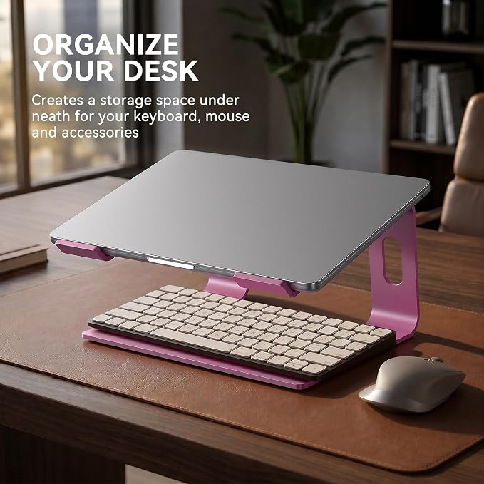 SOUNDANCE Laptop Stand, Aluminum Computer Riser, Ergonomic Laptops Elevator for Desk, Metal Holder Compatible with 10 to 15.6 Inches Notebook Computer, Pink