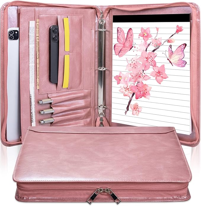 Rose Gold Padfolio,Vegan Leather Portfolio for Women,3-Ring Binder with Zipper, A4 Planner Binder with Laptop Pocket,Legal Size Portfolio,WorkBinder Organizer for Women and Girls