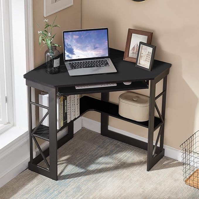 VECELO Corner Desk Computer Desk Writing Table with Smooth Keyboard Tray & Storage Shelves,Compact Home Office Triangle Table,Black