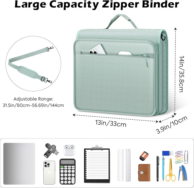 MoKo Zipper Binder, 2-Inch 3-Ring, 500 Sheets, 5-Tab File Folders, Green | 420D nylon with five dividers, multiple pockets, a padded handle and adjustable shoulder strap.