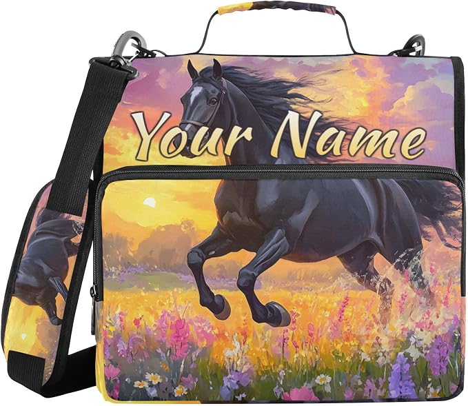Custom 3 Ring Zipper Binder Black Horse Flower Oil Personalized Name 2 Inch Zippered Binder Bag Multi Pockets for School Supplies