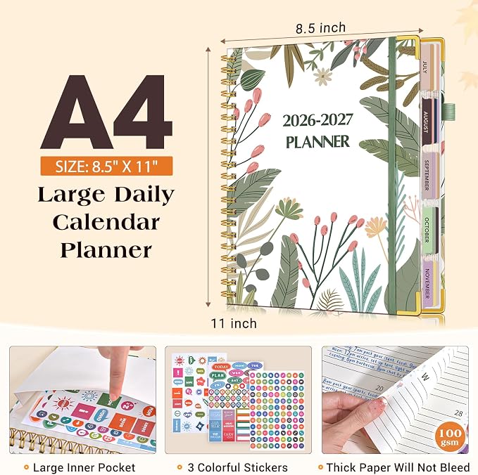 Academic Planner 2026-2027, 18 Months Weekly and Monthly Daily Planner from July 2026 - December 2027, 8.5" x 11" A4 Large Hardcover Agenda Organizer Book with Tabs, Spiral Yearly Calendar Planners for School Work Home, Colorful Botanicals
