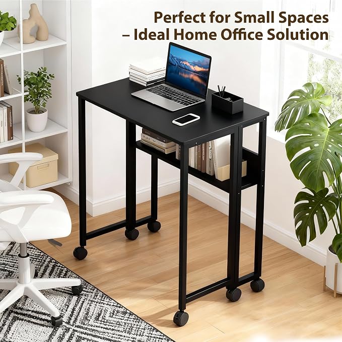 24.8" Folding Desk Rolling Desk with Storage Shelf,Space-Saving Foldable Computer Desk with Wheels,Portable Mobile Couch Sofa Side Table for Small Spaces, Home Office, Study, Easy Assembly,black