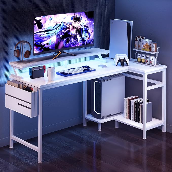 DUMOS L Shaped Gaming Desk, 48" Computer Desks with Storage Shelves | Coner Desk with USB Charging Ports, Power Outlets, LED Lights and Monitor Stand for Home Office, White