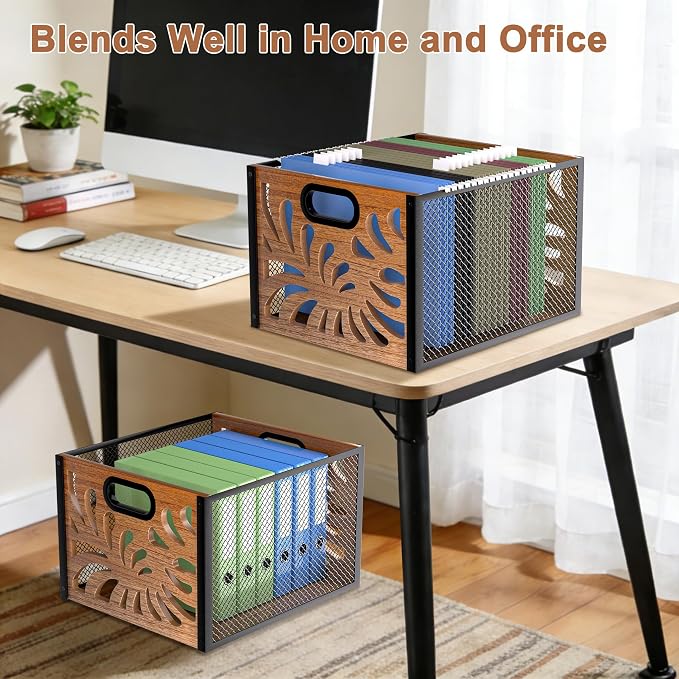 Wood File Box,Hanging File Organizer,File Storage Box Bin for Letter Size | Decorative Filing Boxes Bin, Portable Desktop Files Folder Organizer for Home Office School Desk Cabinet