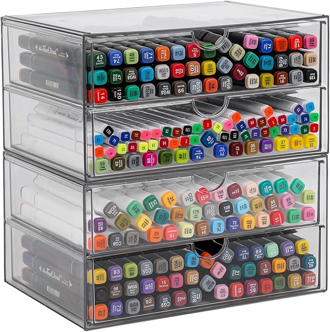 Clear Plastic Drawer Organizer, 4 Drawers | Stackable Desk Organizers and Accessories, For Home Office Supplies, Marker Pen, Notebooks, Art Crafts