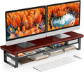 Dual Monitor Stand, 35.4 Inch Monitor Stand Riser for 2 Monitors, 2 Tiers Wood Desk Shelf with Storage, Desktop Organizer Stand for Computer, Laptop, Printer, TV