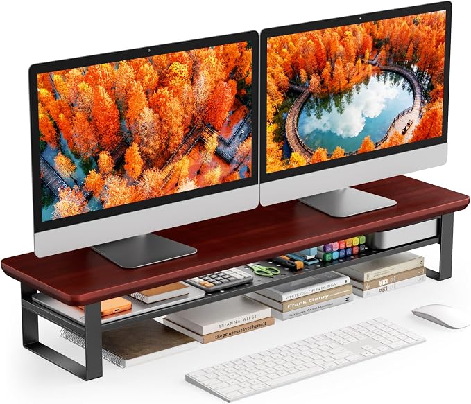 Dual Monitor Stand, 35.4 Inch Monitor Stand Riser for 2 Monitors, 2 Tiers Wood Desk Shelf with Storage, Desktop Organizer Stand for Computer, Laptop, Printer, TV