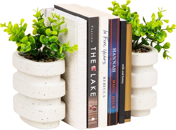 Mind Reader Ribbed Cement Planter Bookends, Faux Greenery for Shelves and Desk Decor, Set of 2, White
