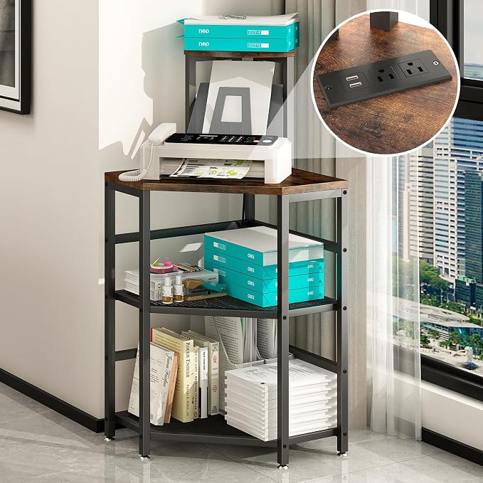 4-Tier Corner Printer Stand with Power Outlet and LED Lights, Rustic Brown | 4 Tier Storage, Corner Space Saving Design, Fits Laser Printer, Scanner and Office Supplies, Home Office Organization