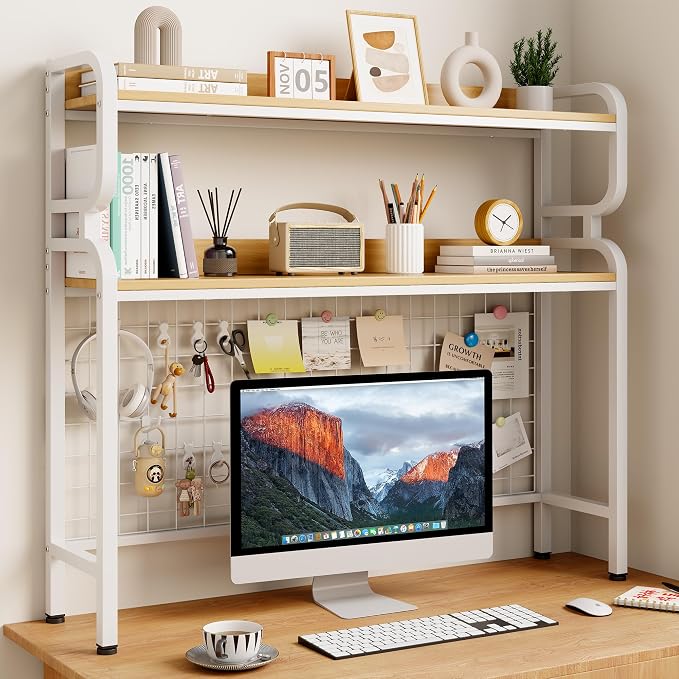 BYMECOST 38.6" Desktop Hutch Bookshelf,2-Tier Desk Shelf with Pegboard | Heavy-Duty Desktop Bookcase With Grid Panel and Hook, Desk Hutch for Computer in Offices or Dorms