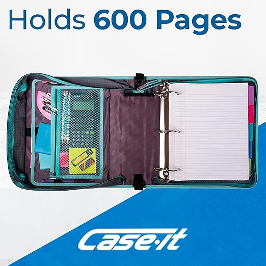 Case-it School Zipper Binder | 3-Inch O-Rings | 600-Sheet | D-146 Aqua | Mighty Zip Tab, 5-Color Tab Expanding File Folder, Multiple Pockets, Shoulder Strap, Iridescent Pastel Design, Office