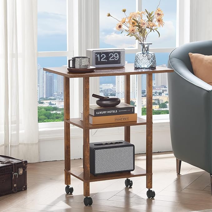YUFAM 3 Tier Home Printer Stand with Storage, Brown | Wooden Mobile Printer Table Shelf, Rolling Printer Cart Shelf with Lockable Wheels fit Fax Machine, Scanner