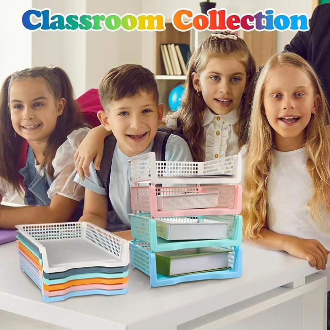 Weysat 6 Pcs Turn in Trays Classroom, Stackable Paper Tray for Classroom Organization Plastic Desk File Organizer Bin Basket for Library Drawer Teacher Office Document Storage (Pastel,Narrow)