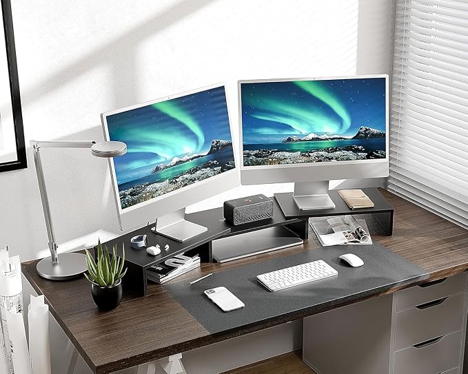 FITUEYES Dual Monitor Stand Riser, Adjustable Length and Angle, Black | Wooden 3-Shelf Design, Supports up to 55lbs, Flexible for Standard Corner Space, Holds Monitor, Laptop, Phone, Printer
