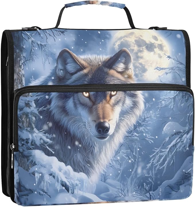 ALAZA Zipper Binder 3 Ring Wolf Moon Snow Binder Organizer with Zipper and Shoulder Strap Large Capacity Multi-Pocket Trapper Keeper File Folder for Office Supplies