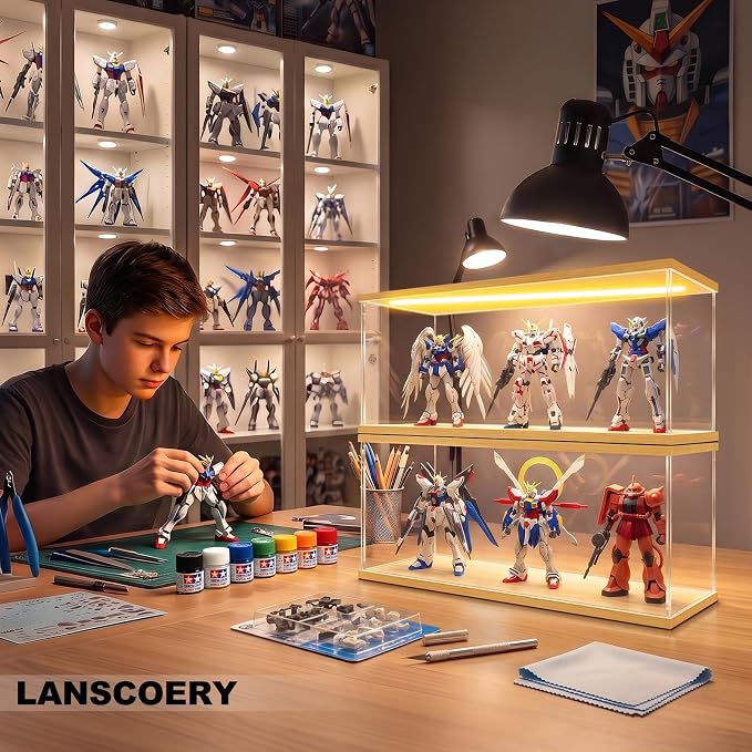 LANSCOERY LED Lighted Acrylic Display Case, 3 Tier Display Box for Collectibles and Action Figures, Clear Dustproof Organizer with Wooden Base – 15.2x6.5x7.5inch