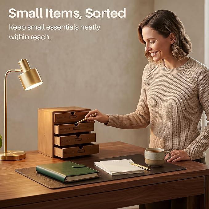 Flexzion Wooden Storage Box with 2 Drawers, Vintage Desktop Organizer | Compact Desk Organizer with Drawers for Office Supplies, Mail, Crafts and Vanity Items; 9.6 X 6.6 X 4.9 In; Fully Assembled