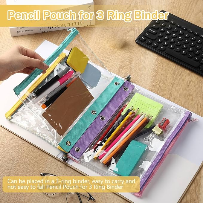 24 Pack Pencil Pouches for 3 Ring Binder Bulk Enlarge Clear Window Pencil Pouches Zipper Pen Case 3 Reinforced Grommet Pen Bag for Binder Utensil Organize Office Supplies(Macaron Colors Series)