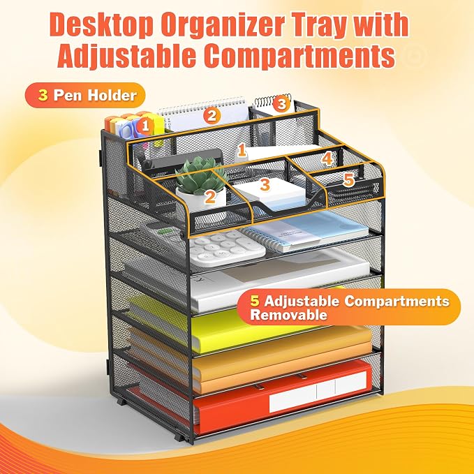 Docnest 6 Tier Mesh Desk Organizer with Letter Tray & Paper Sorter, Black | Features 3 built-in pen holders & 5 adjustable compartments on top. Includes 4 non-slip rubber feet for desk protection