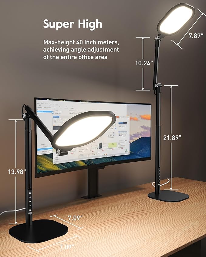 Tall LED Desk Lamps Home Office, Edge-Lit Eye-Care, 50 Light Modes | 40", Dimmable & Flexible, CRI>97.8, Memory and Timer Func, Stable Metal Base, Desk Lights for Home Office, Video Calls, Task