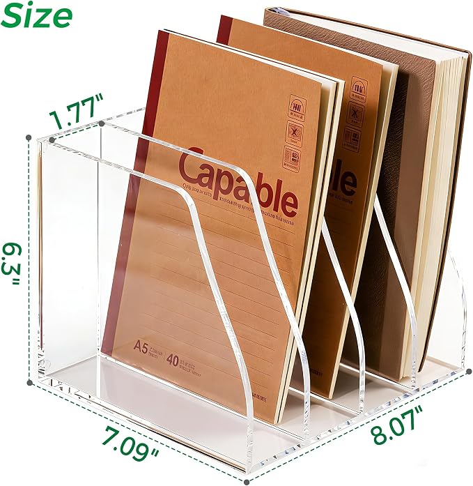 Acrylic Magazine File Holder, 4 Vertical Compartments Desk Document Sorter Organizer, Clear Folder Rack Binder for Office/Home/Classroom, for Documents, Tablet, Magazines, Books & Accessories
