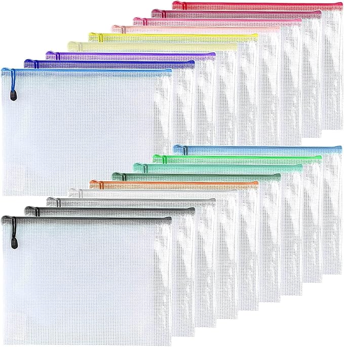 Oaimyy-18PCS-12 x 16 Inches-Mesh Zipper Pouch, Plastic Zip File Folders Puzzle Bags for Organizing,for Office Supplies,Travel,Home Storage-Multicolor, 12"x 16"