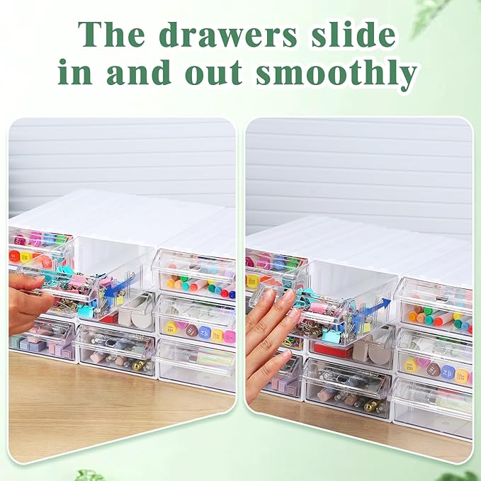 9 Pcs Stacking Office Drawer Organizers - Desktop & Wall Mounted 9 Drawer Storage Closet with 18pcs Clear Dividers Multifunctional Organizer Rack with 9pcs Tag Card for Home Small Items | Track to Lock into Each Other, Stackable without Slipping, 8.7"D...